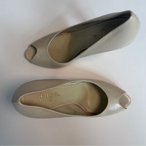 Chanel Ivory Leather Peep Toe Pumps